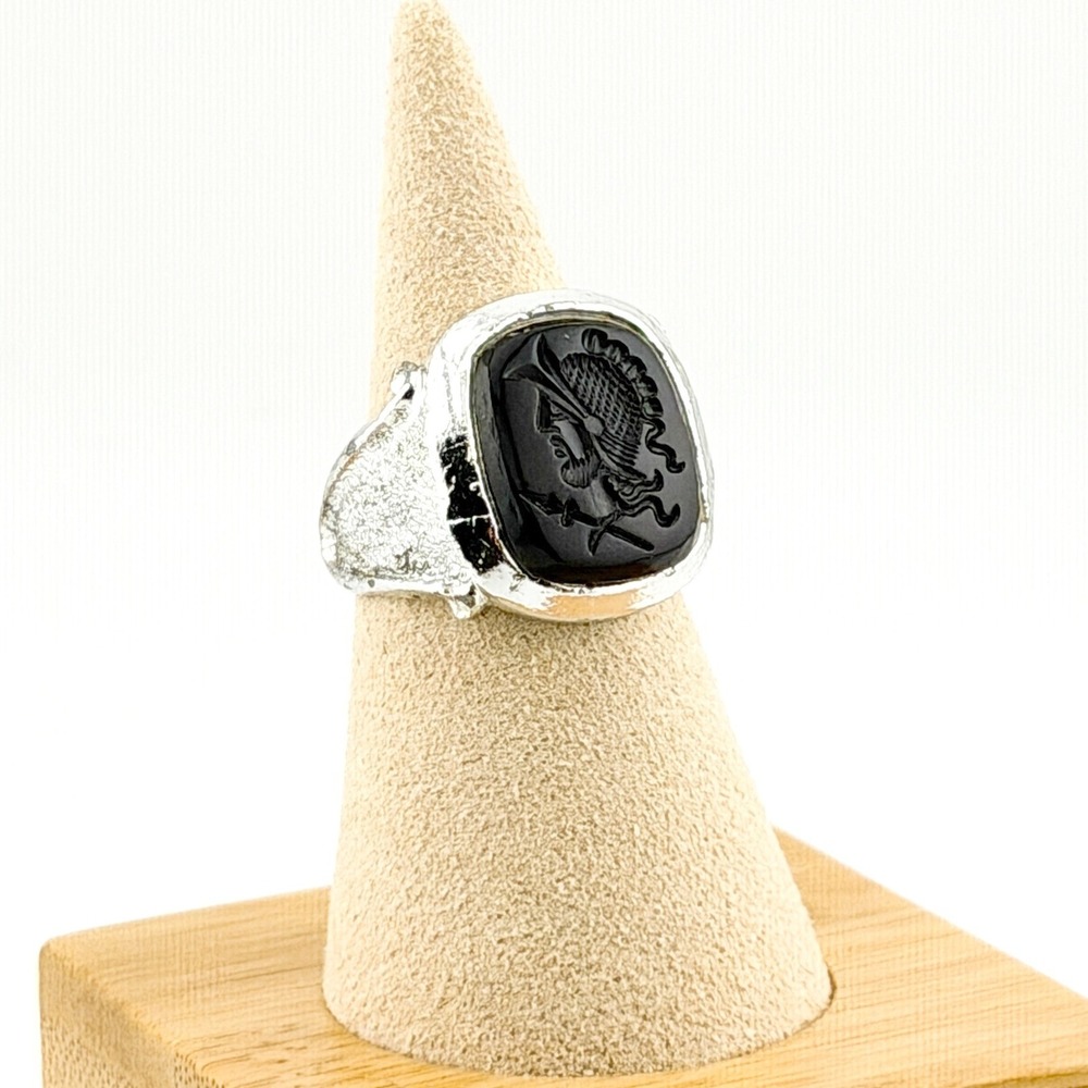 Statement Black Roman Centurion Intaglio Signet Ring Silver-tone Textured Band 7